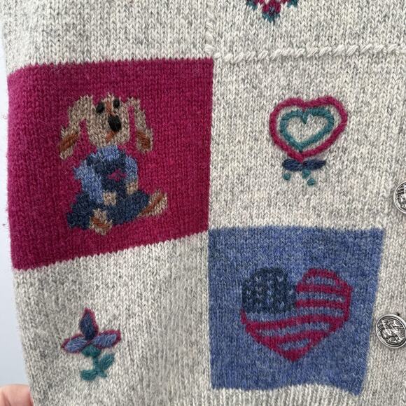 Woolrich‎ Cardigan Sweater Womens XL Oatmeal Wool Patchwork Quilt Hearts Granny - Picture 3 of 11